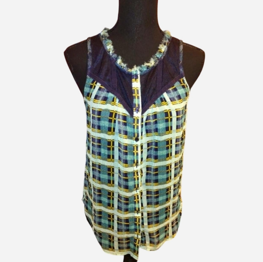 Vera Wang Sheer Button-Front Mesh Plaid Top